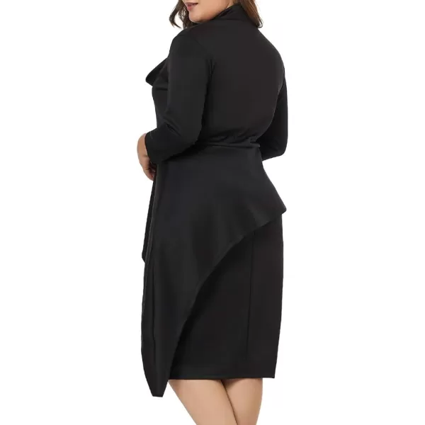LALAGEN Womens Plus Size Long Sleeve Peplum Tie Neck Bodycon Pencil Midi DressBlack