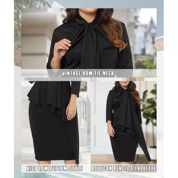 LALAGEN Womens Plus Size Long Sleeve Peplum Tie Neck Bodycon Pencil Midi DressBlack