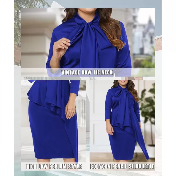 LALAGEN Womens Plus Size Long Sleeve Peplum Tie Neck Bodycon Pencil Midi DressBlue