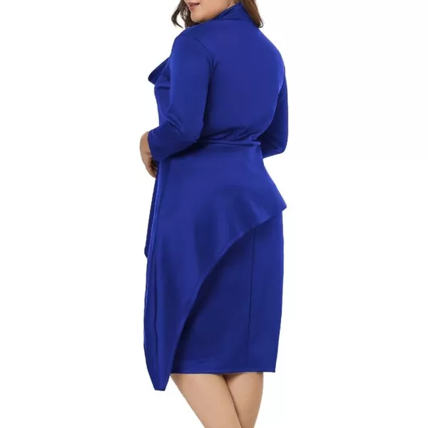 LALAGEN Womens Plus Size Long Sleeve Peplum Tie Neck Bodycon Pencil Midi DressBlue