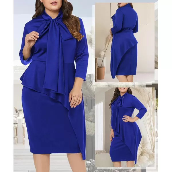 LALAGEN Womens Plus Size Long Sleeve Peplum Tie Neck Bodycon Pencil Midi DressBlue