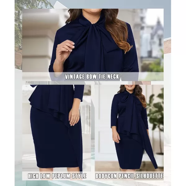 LALAGEN Womens Plus Size Long Sleeve Peplum Tie Neck Bodycon Pencil Midi DressNavy