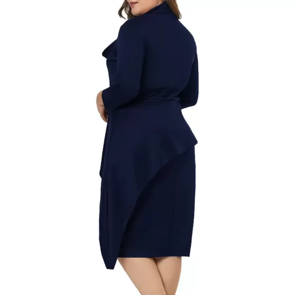 LALAGEN Womens Plus Size Long Sleeve Peplum Tie Neck Bodycon Pencil Midi DressNavy