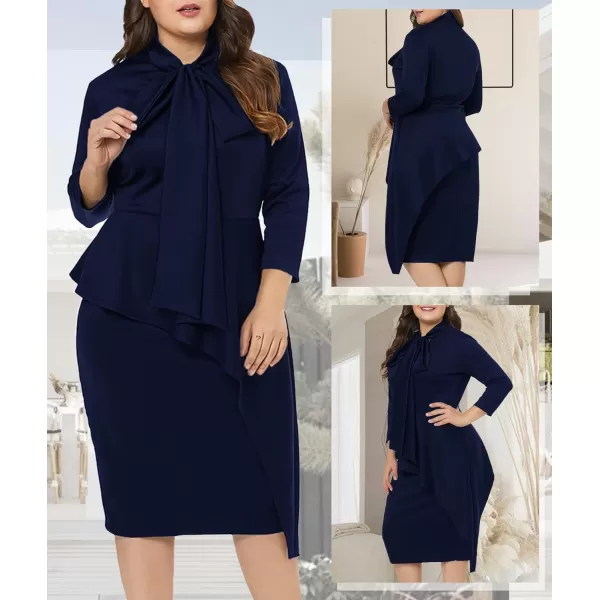 LALAGEN Womens Plus Size Long Sleeve Peplum Tie Neck Bodycon Pencil Midi DressNavy