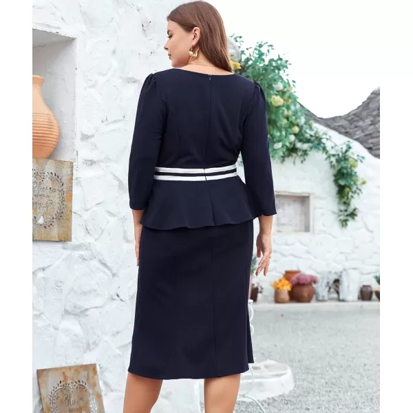 LALAGEN Womens Plus Size Long Sleeve Peplum Tie Neck Bodycon Pencil Midi DressNavy Blue