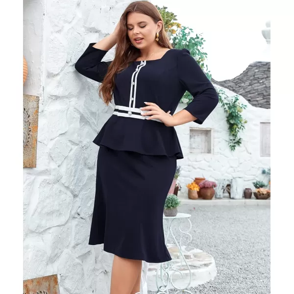 LALAGEN Womens Plus Size Long Sleeve Peplum Tie Neck Bodycon Pencil Midi DressNavy Blue