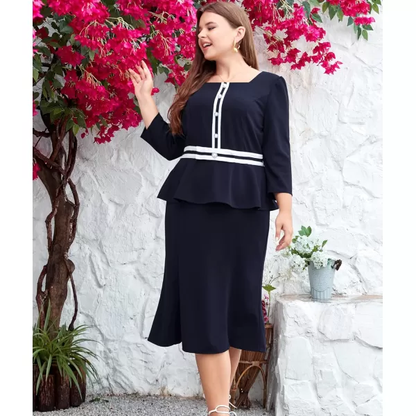 LALAGEN Womens Plus Size Long Sleeve Peplum Tie Neck Bodycon Pencil Midi DressNavy Blue