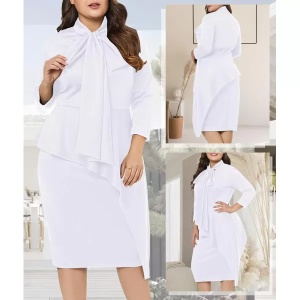 LALAGEN Womens Plus Size Long Sleeve Peplum Tie Neck Bodycon Pencil Midi DressWhite