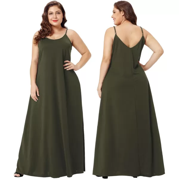 Wolddress Womens 2023 Casual Sleeveless Sundress Plus Size Loose Plain Long Summer Beach Maxi Dress with Pockets S5XArmy Green