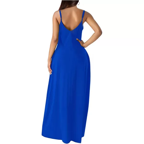 Wolddress Womens 2023 Casual Sleeveless Sundress Plus Size Loose Plain Long Summer Beach Maxi Dress with Pockets S5XBlue