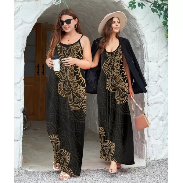 Wolddress Womens 2023 Casual Sleeveless Sundress Plus Size Loose Plain Long Summer Beach Maxi Dress with Pockets S5XMandala Black