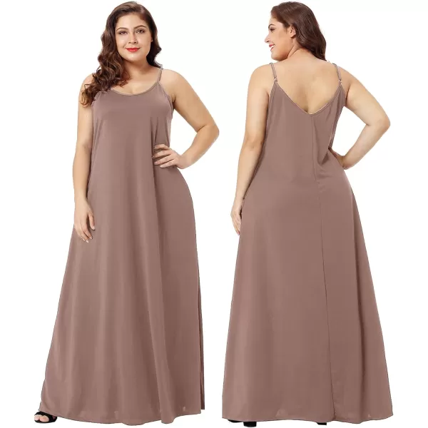 Wolddress Womens 2023 Casual Sleeveless Sundress Plus Size Loose Plain Long Summer Beach Maxi Dress with Pockets S5XPink Brown