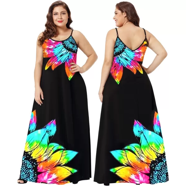 Wolddress Womens 2023 Casual Sleeveless Sundress Plus Size Loose Plain Long Summer Beach Maxi Dress with Pockets S5XSunflower Rainbow