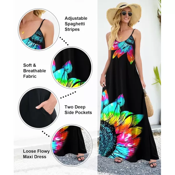 Wolddress Womens 2023 Casual Sleeveless Sundress Plus Size Loose Plain Long Summer Beach Maxi Dress with Pockets S5XSunflower Rainbow