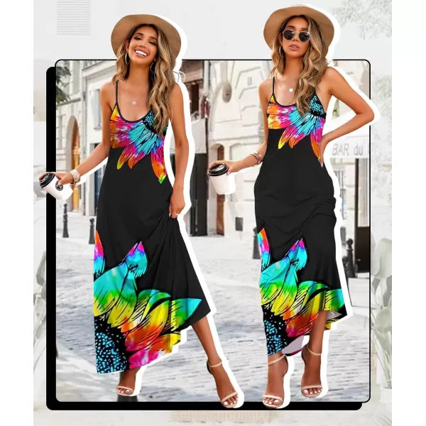 Wolddress Womens 2023 Casual Sleeveless Sundress Plus Size Loose Plain Long Summer Beach Maxi Dress with Pockets S5XSunflower Rainbow