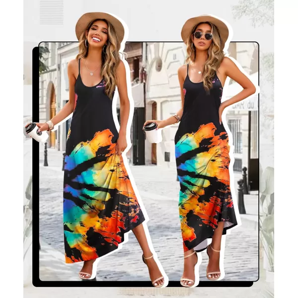 Wolddress Womens 2023 Casual Sleeveless Sundress Plus Size Loose Plain Long Summer Beach Maxi Dress with Pockets S5XTie Dye Floral