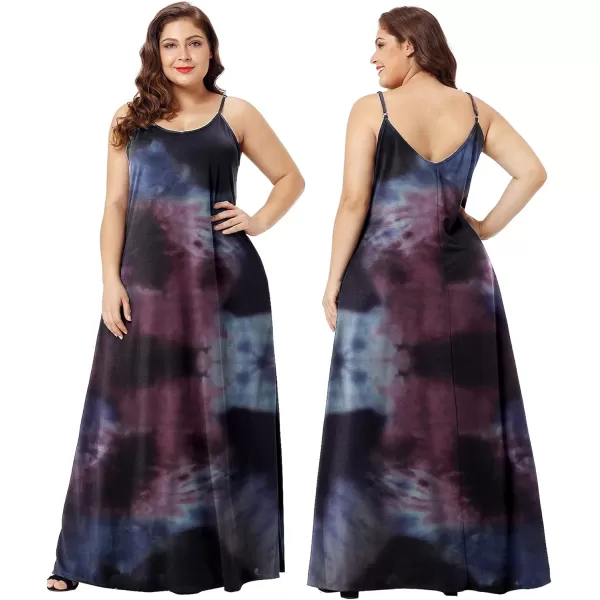 Wolddress Womens 2023 Casual Sleeveless Sundress Plus Size Loose Plain Long Summer Beach Maxi Dress with Pockets S5XTie Dye Nebula Red