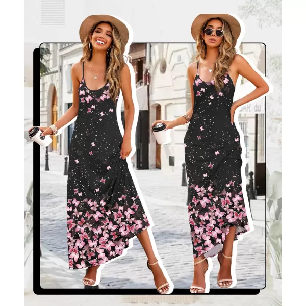 Wolddress Womens 2023 Casual Sleeveless Sundress Plus Size Loose Plain Long Summer Beach Maxi Dress with Pockets S5XZpink Floral Black