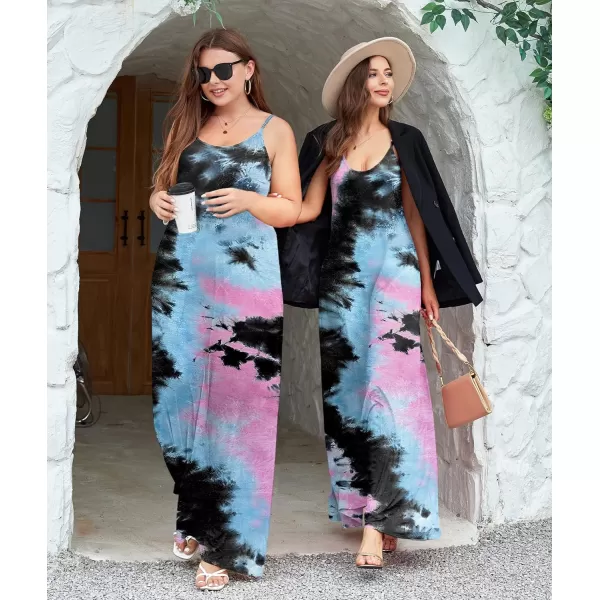 Wolddress Womens 2023 Casual Sleeveless Sundress Plus Size Loose Plain Long Summer Beach Maxi Dress with Pockets S5XZtie Dye Multi1