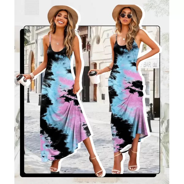 Wolddress Womens 2023 Casual Sleeveless Sundress Plus Size Loose Plain Long Summer Beach Maxi Dress with Pockets S5XZtie Dye Multi1