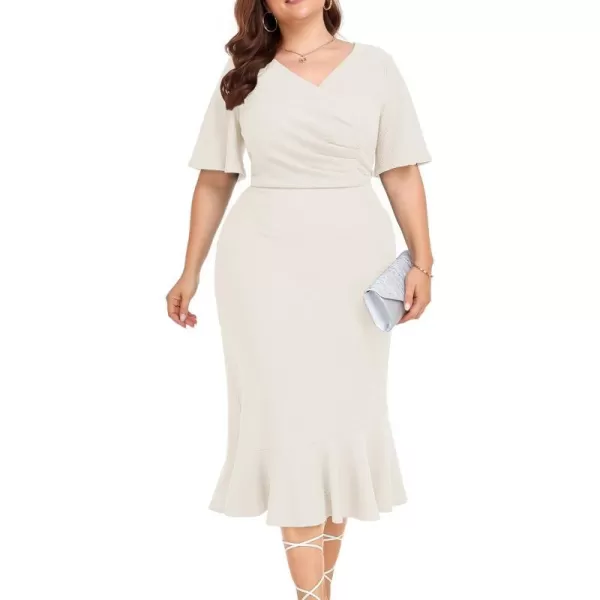 LALAGEN Plus Size Dress for Women Modest Short Sleeve Ruched Bodycon Mermaid Cocktail Midi Dresses 1X6XOffwhite