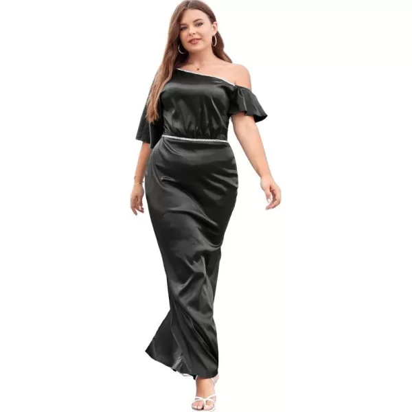 LALAGEN Women Modest Plus Size Wedding Guest Maxi Dress Off Shoulder Split Satin Formal Evening Party Long Dresses 1X5XBlack