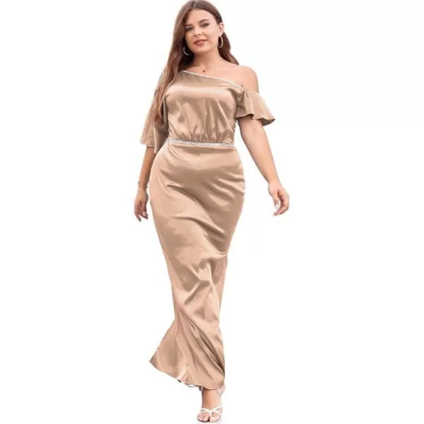 LALAGEN Women Modest Plus Size Wedding Guest Maxi Dress Off Shoulder Split Satin Formal Evening Party Long Dresses 1X5XChampagne