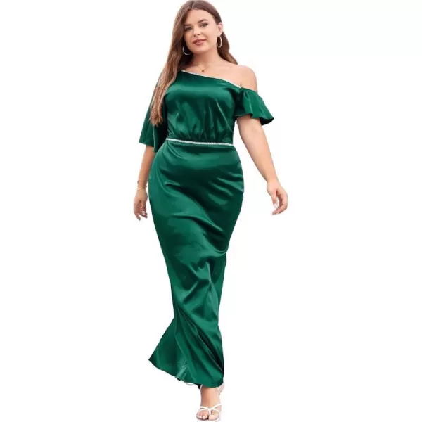 LALAGEN Women Modest Plus Size Wedding Guest Maxi Dress Off Shoulder Split Satin Formal Evening Party Long Dresses 1X5XGreen