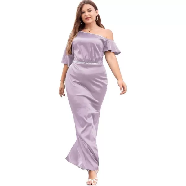 LALAGEN Women Modest Plus Size Wedding Guest Maxi Dress Off Shoulder Split Satin Formal Evening Party Long Dresses 1X5XLilac