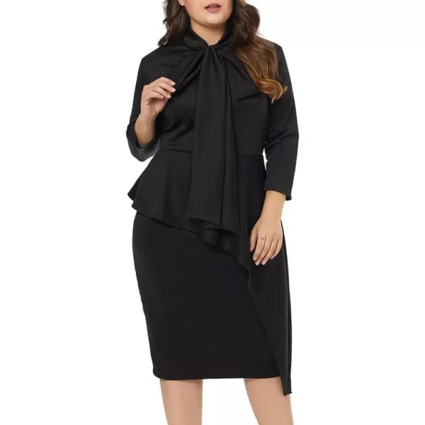 LALAGEN Womens Plus Size Long Sleeve Peplum Tie Neck Bodycon Pencil Midi DressBlack