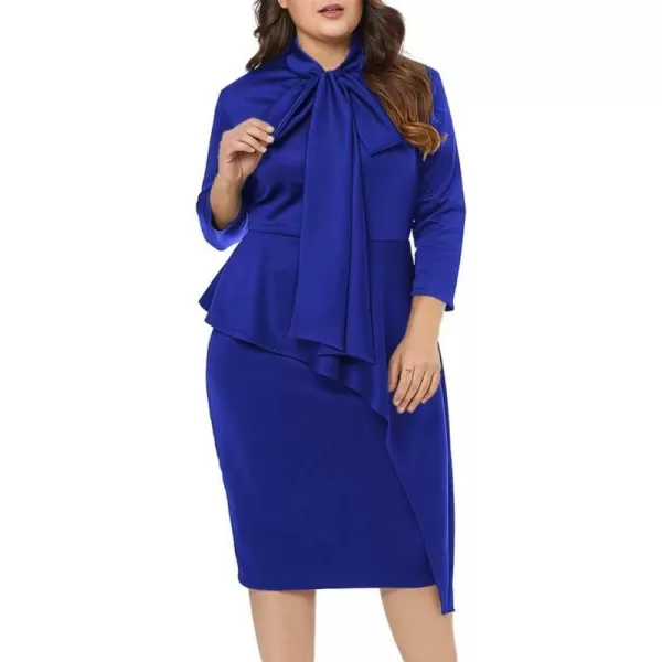 LALAGEN Womens Plus Size Long Sleeve Peplum Tie Neck Bodycon Pencil Midi DressBlue