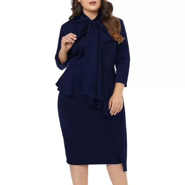 LALAGEN Womens Plus Size Long Sleeve Peplum Tie Neck Bodycon Pencil Midi DressNavy