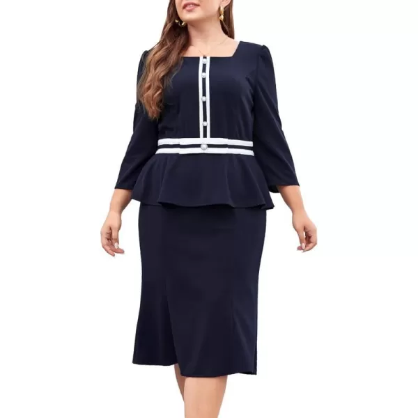 LALAGEN Womens Plus Size Long Sleeve Peplum Tie Neck Bodycon Pencil Midi DressNavy Blue