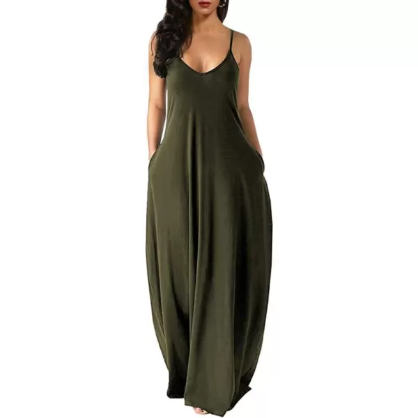 Wolddress Womens 2023 Casual Sleeveless Sundress Plus Size Loose Plain Long Summer Beach Maxi Dress with Pockets S5XArmy Green