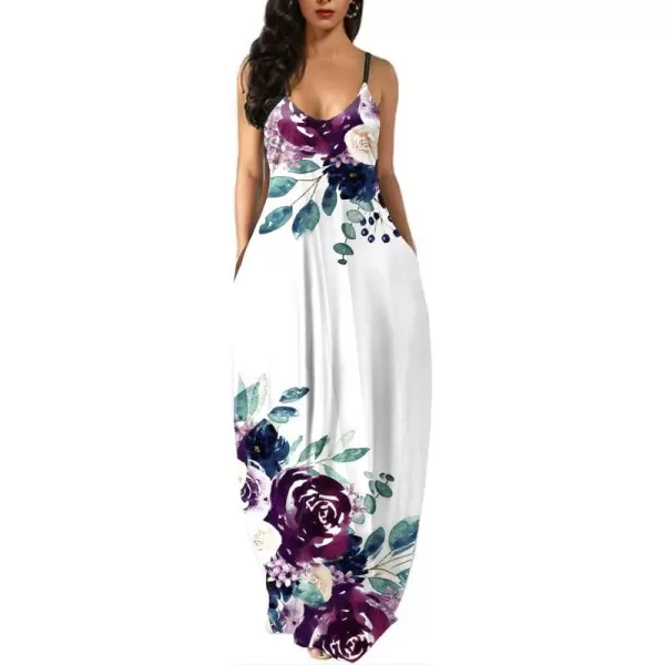 Wolddress Womens 2023 Casual Sleeveless Sundress Plus Size Loose Plain Long Summer Beach Maxi Dress with Pockets S5XFlowers White