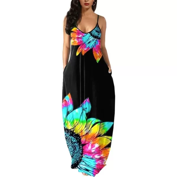 Wolddress Womens 2023 Casual Sleeveless Sundress Plus Size Loose Plain Long Summer Beach Maxi Dress with Pockets S5XSunflower Rainbow