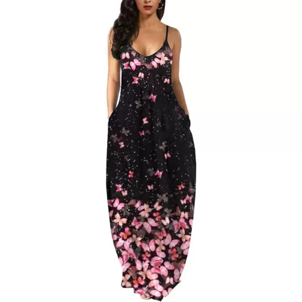 Wolddress Womens 2023 Casual Sleeveless Sundress Plus Size Loose Plain Long Summer Beach Maxi Dress with Pockets S5XZpink Floral Black