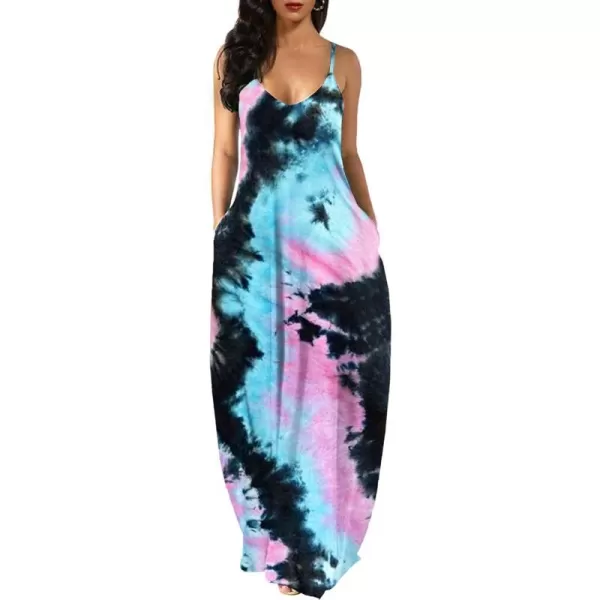 Wolddress Womens 2023 Casual Sleeveless Sundress Plus Size Loose Plain Long Summer Beach Maxi Dress with Pockets S5XZtie Dye Multi1