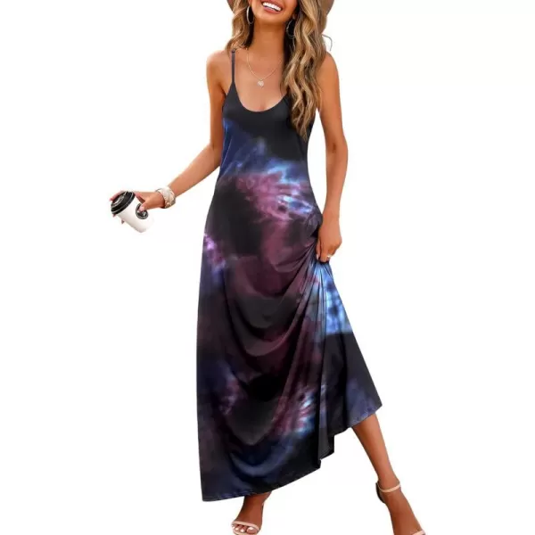 Wolddress Womens 2024 Casual Sleeveless Sundress Plus Size Loose Plain Long Summer Beach Maxi Dress with Pockets S5XTie Dye Nebula Red