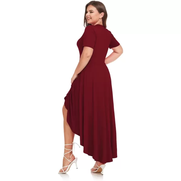 LALAGEN Plus Size Maxi Dress for Women Casual Short Sleeve Ruffle Flowy High Low Summer Long Dress 1X6XWine Red