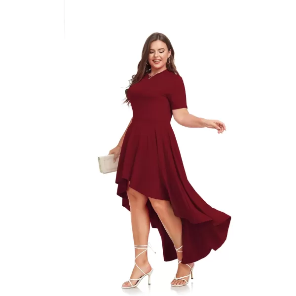 LALAGEN Plus Size Maxi Dress for Women Casual Short Sleeve Ruffle Flowy High Low Summer Long Dress 1X6XWine Red