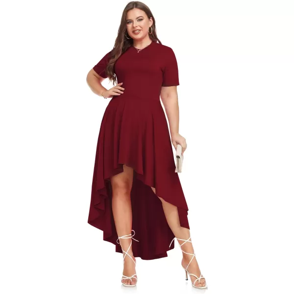 LALAGEN Plus Size Maxi Dress for Women Casual Short Sleeve Ruffle Flowy High Low Summer Long Dress 1X6XWine Red