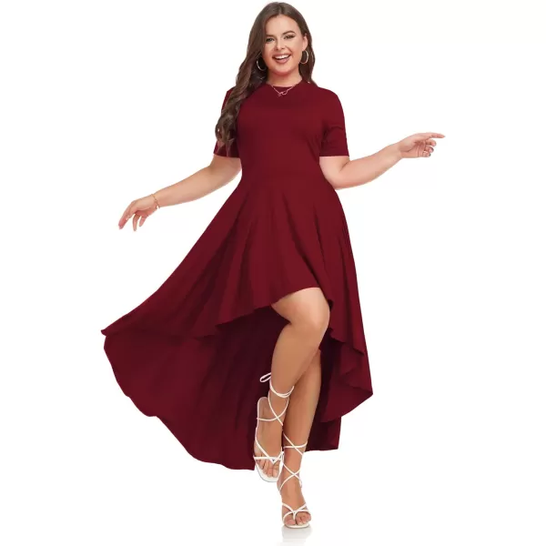 LALAGEN Plus Size Maxi Dress for Women Casual Short Sleeve Ruffle Flowy High Low Summer Long Dress 1X6XWine Red