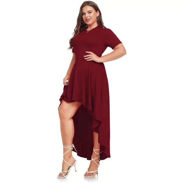 LALAGEN Plus Size Maxi Dress for Women Casual Short Sleeve Ruffle Flowy High Low Summer Long Dress 1X6XWine Red