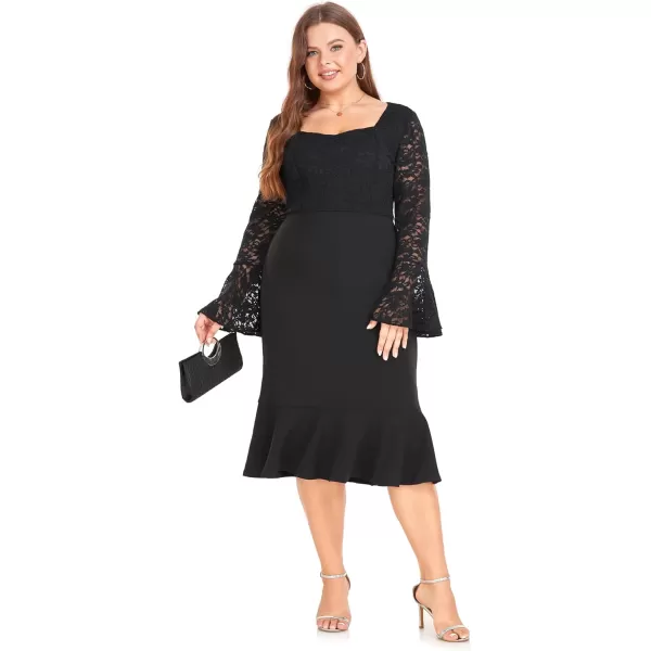 LALAGEN Womens 2024 Plus Size Lace Bell Sleeve Bodycon Mermaid Midi Dress Long Sleeve Cocktail Party Pencil DressBlack