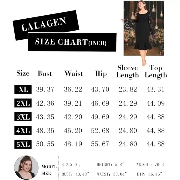 LALAGEN Womens 2024 Plus Size Lace Bell Sleeve Bodycon Mermaid Midi Dress Long Sleeve Cocktail Party Pencil DressBlack