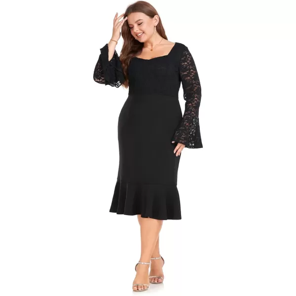 LALAGEN Womens 2024 Plus Size Lace Bell Sleeve Bodycon Mermaid Midi Dress Long Sleeve Cocktail Party Pencil DressBlack