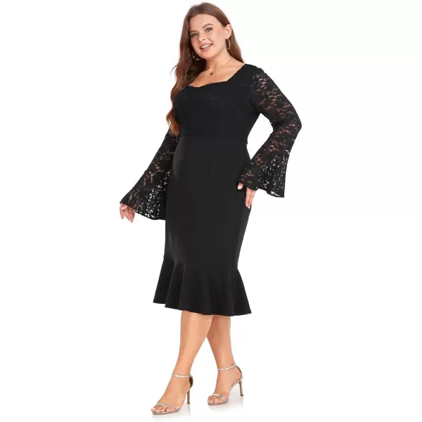 LALAGEN Womens 2024 Plus Size Lace Bell Sleeve Bodycon Mermaid Midi Dress Long Sleeve Cocktail Party Pencil DressBlack