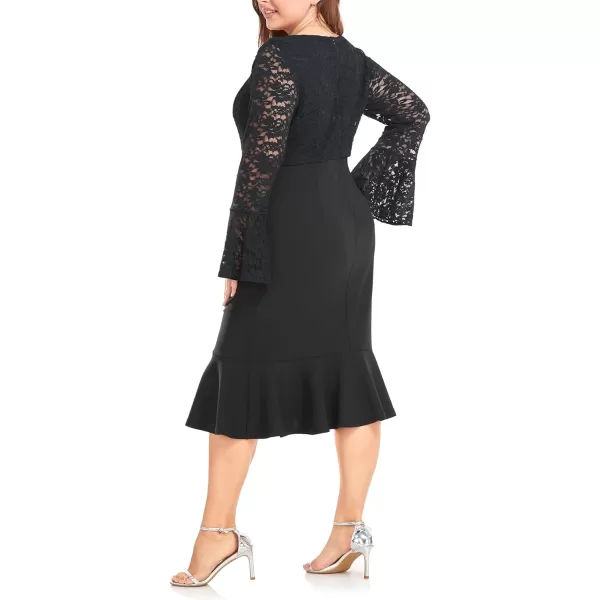 LALAGEN Womens 2024 Plus Size Lace Bell Sleeve Bodycon Mermaid Midi Dress Long Sleeve Cocktail Party Pencil DressBlack