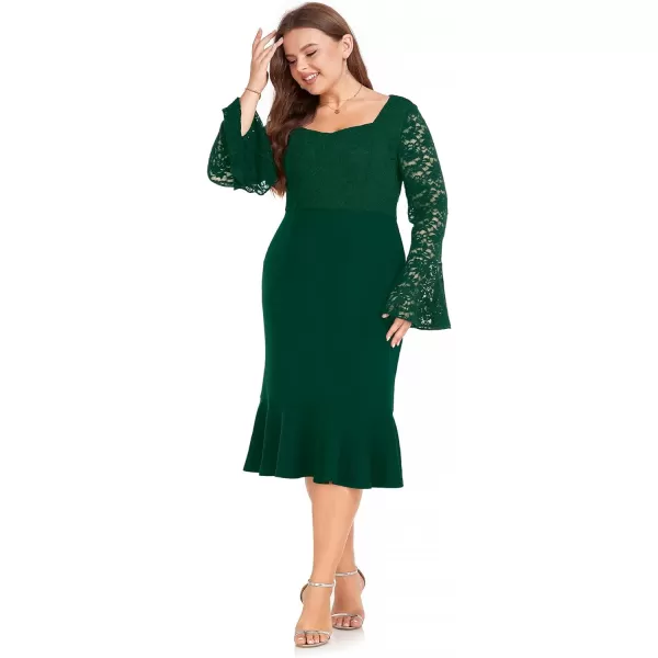LALAGEN Womens 2024 Plus Size Lace Bell Sleeve Bodycon Mermaid Midi Dress Long Sleeve Cocktail Party Pencil DressGreen